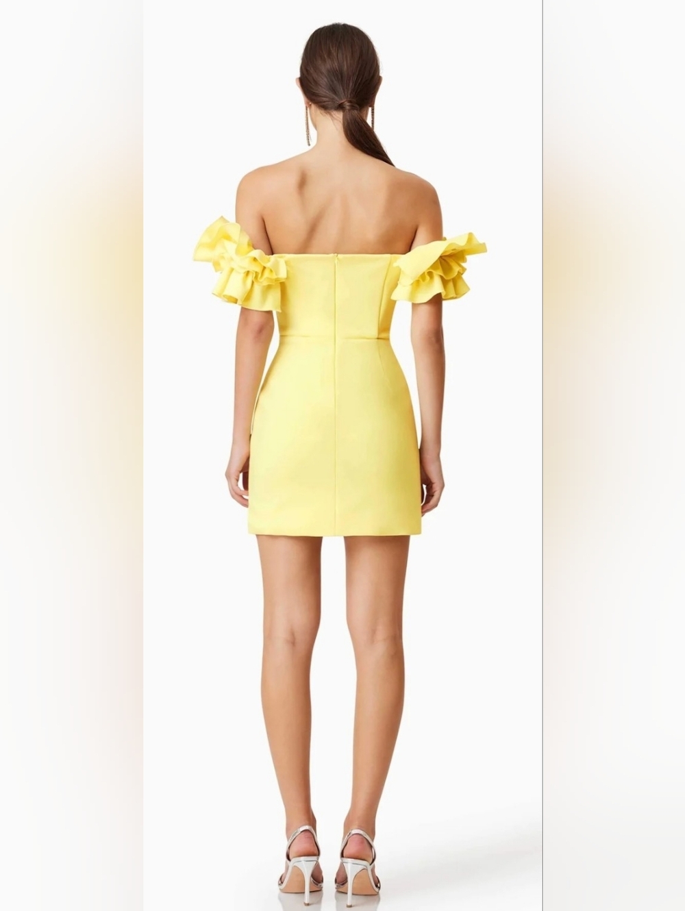 Elliatt Bright Yellow Off-the-Shoulder Mini Dress with Floral Sleeve Detail - Picture 3 of 9